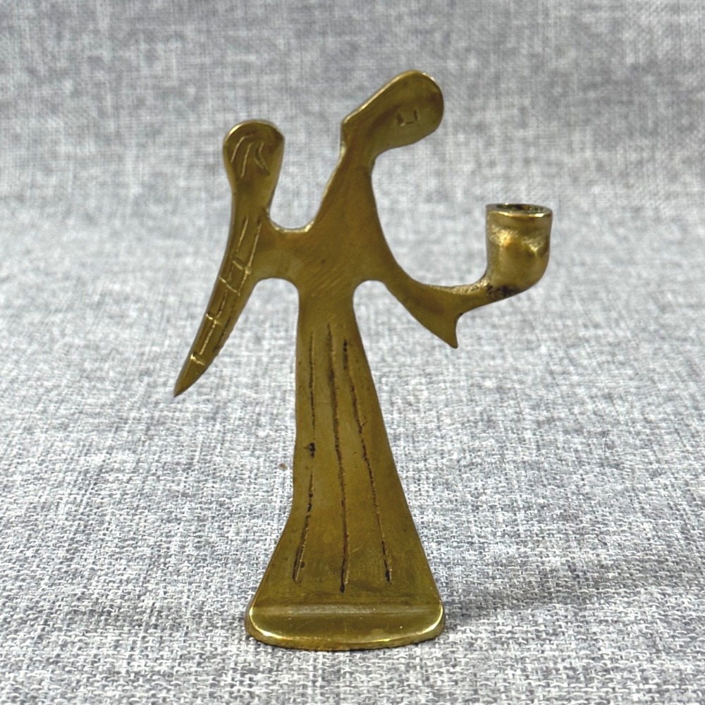 VTG Brass Angel Candle Holder Gold Primitive MCM Brutalist Victorian Folk 3.75"